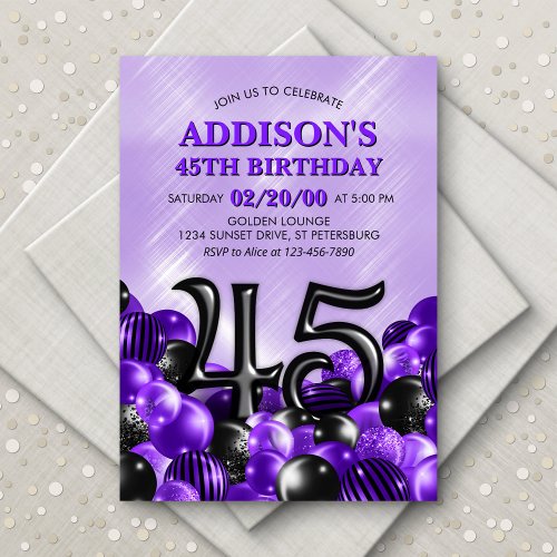 Balloons Purple 45th Birthday Invitation