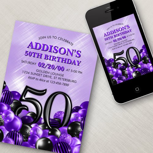 Balloons Purple 50th Birthday Invitation