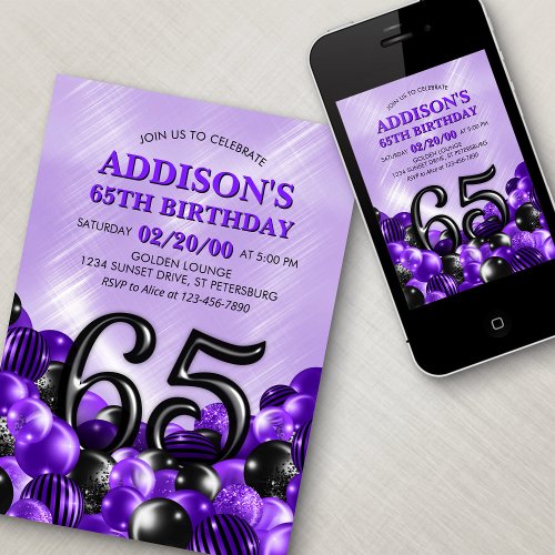 Balloons Purple 65th Birthday Invitation