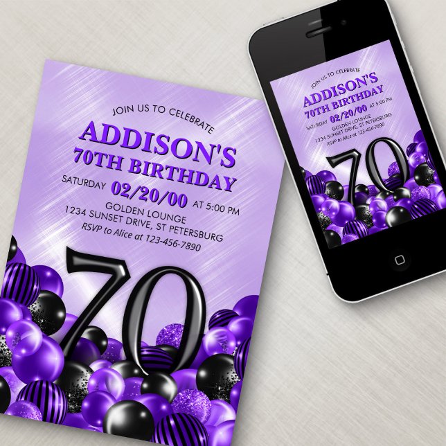 Balloons Purple 70th Birthday Invitation (Creator Uploaded)