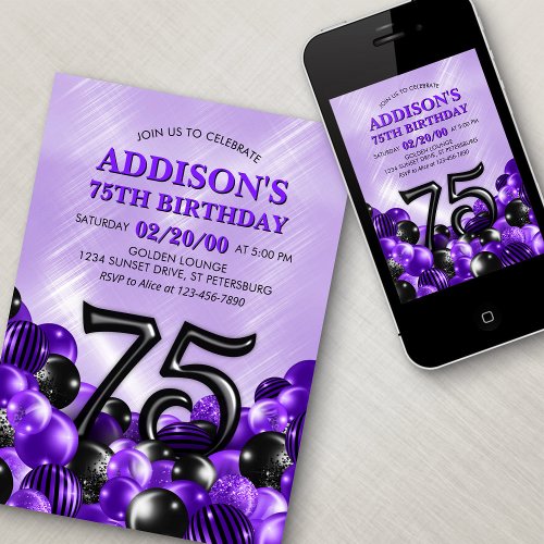 Balloons Purple 75th Birthday Invitation