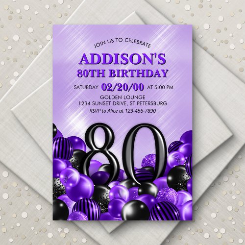 Balloons Purple 80th Birthday Invitation