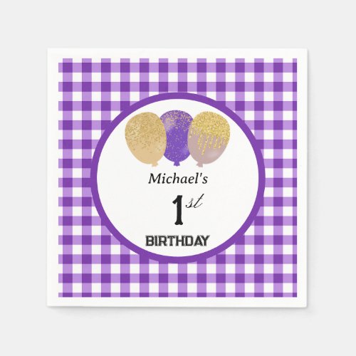 Balloons  Purple Gingham 1st Birthday Napkins