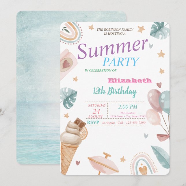 Balloons,Rainbow,Ice cream Summer Birthday Party   Invitation (Front/Back)