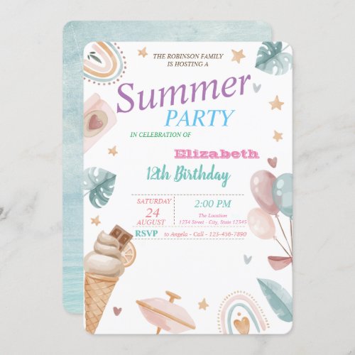 BalloonsRainbowIce cream Summer Birthday Party   Invitation