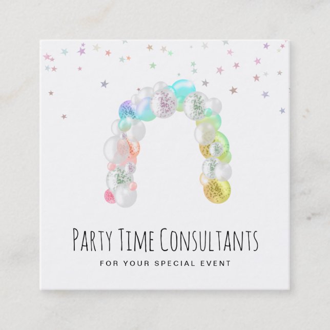 *~* Balloons Rainbow Party Event Planner Square Business Card (Front)