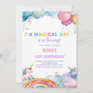 Balloons Rainbow Unicorn Birthday Invitations