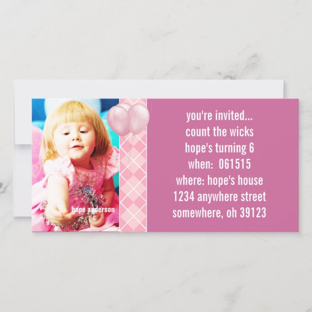 Balloons Raspberry Argyle Birthdy Photo Invitation (Front)