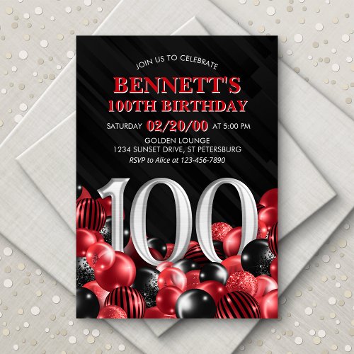 Balloons Red 100th Birthday Invitation