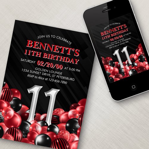 Balloons Red 11th Birthday Invitation