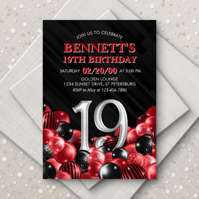 Balloons Red 19th Birthday Invitation (Creator Uploaded)