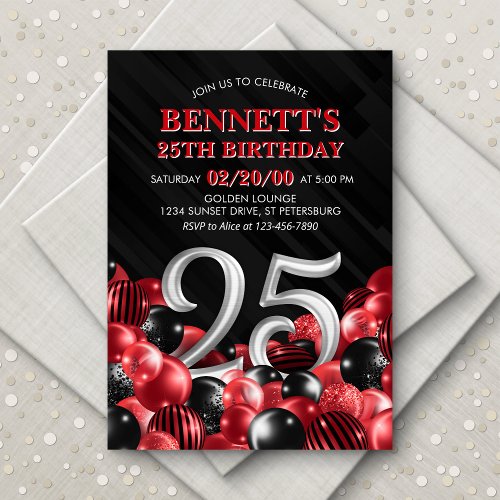 Balloons Red 25th Birthday Invitation