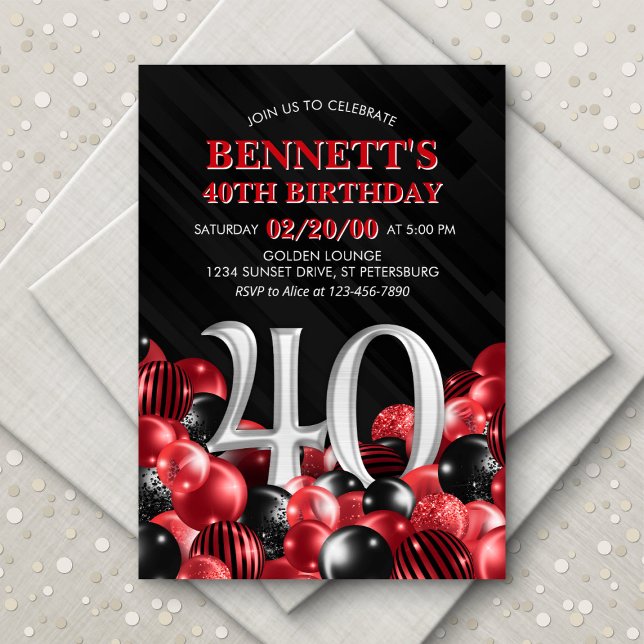 Balloons Red 40th Birthday Invitation (Creator Uploaded)