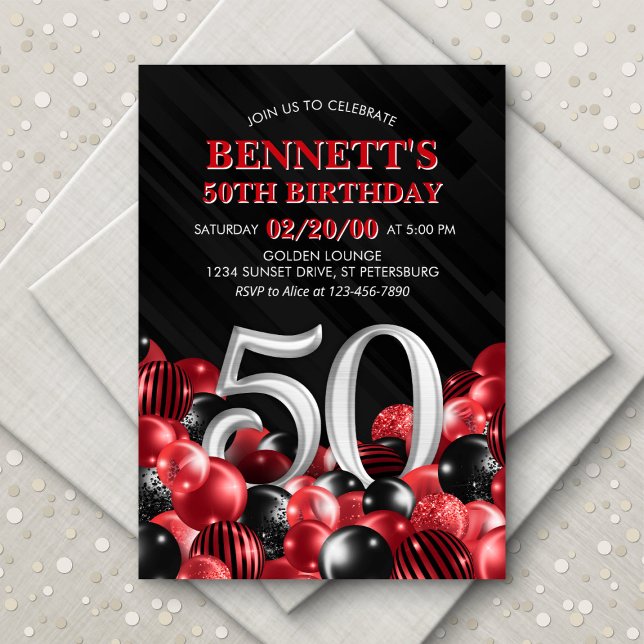 Balloons Red 50th Birthday Invitation (Creator Uploaded)