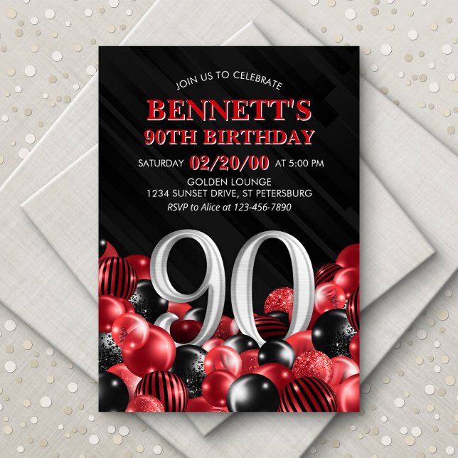 Balloons Red 90th Birthday Invitation (Creator Uploaded)
