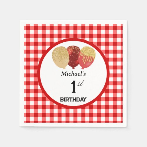 Balloons  Red Gingham 1st Birthday Napkins