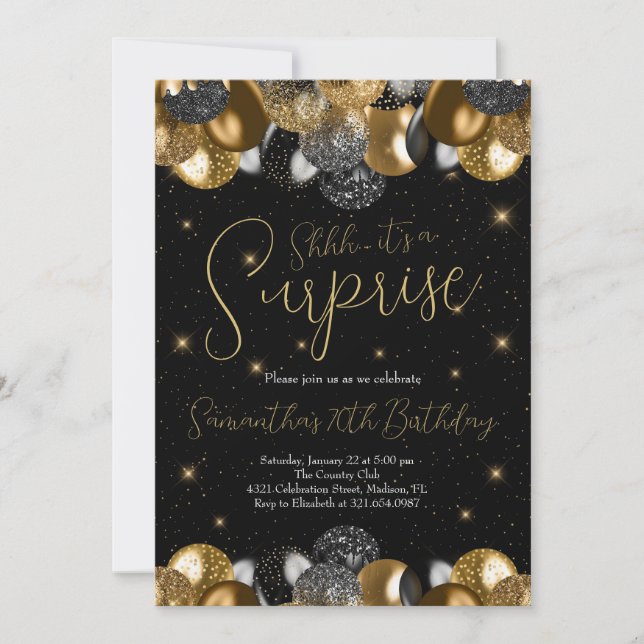 Balloons Surprise Birthday Black Gold Glitter Invitation (Front)