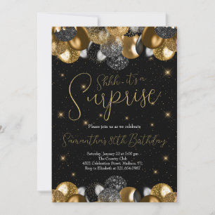 Balloons Surprise Birthday Black Gold Glitter Invitation