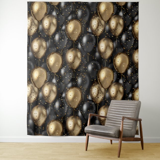Balloons Tapestry Birthday Backdrop Black and Gold (In Situ)