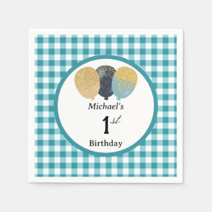 Balloons & Teal Blue Gingham 1st Birthday Napkins