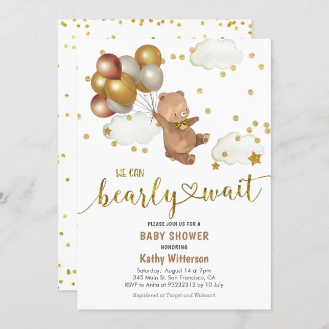 Balloons Teddy Bear We Can Bearly Wait Baby Shower Invitation | Zazzle