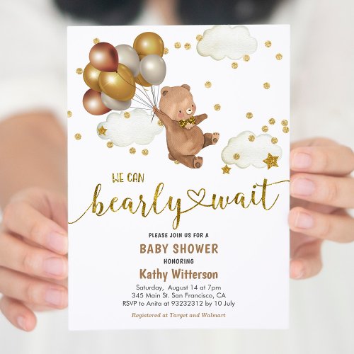 Balloons Teddy Bear We Can Bearly Wait Baby Shower Invitation