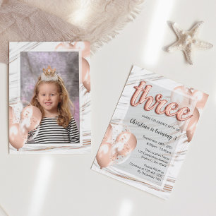 Balloons Type Rose Gold Girls 3rd Birthday Photo Invitation