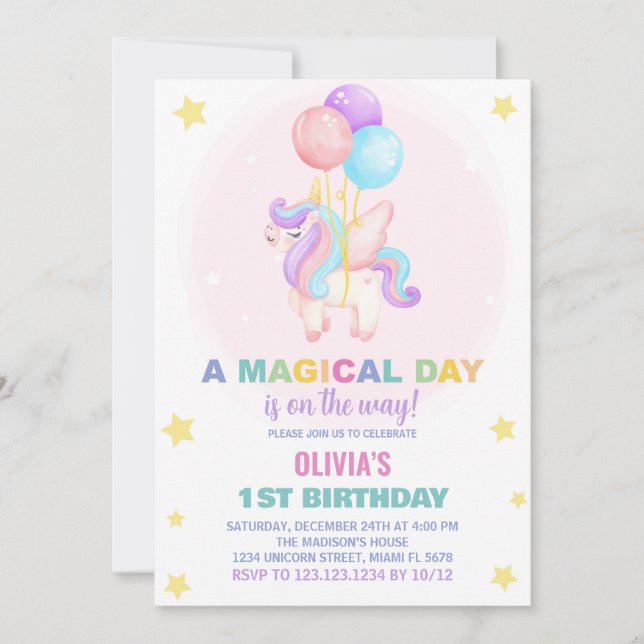Balloons Unicorn Birthday Invitations (Front)