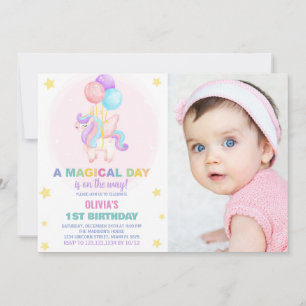 Balloons Unicorn Birthday Invitations with photo