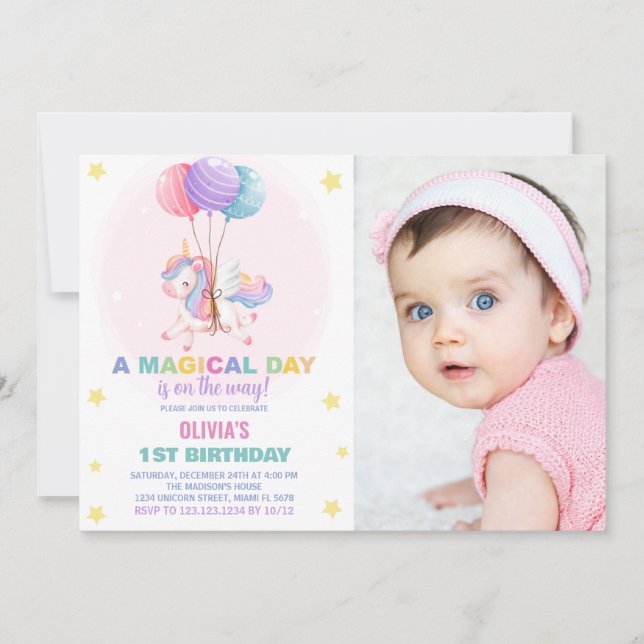 Balloons Unicorn Birthday Invitations with photo (Front)