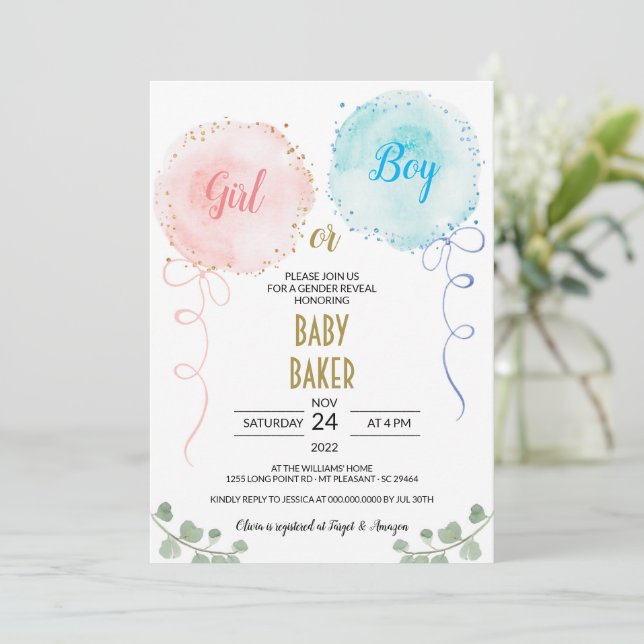 Balloons Watercolor Gender Reveal Party Invitation (Standing Front)