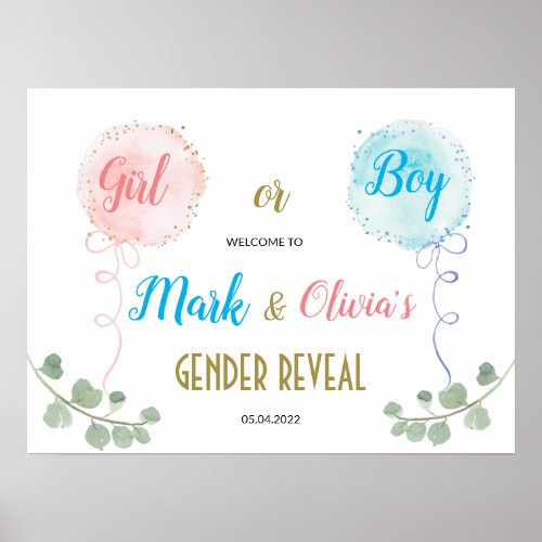 Balloons Watercolor Gender Reveal Welcome Poster