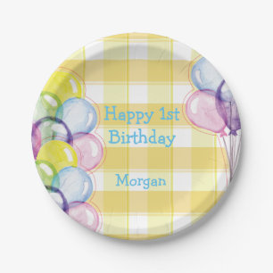 Balloons Yellow Check Personalized Birthday Paper Plates