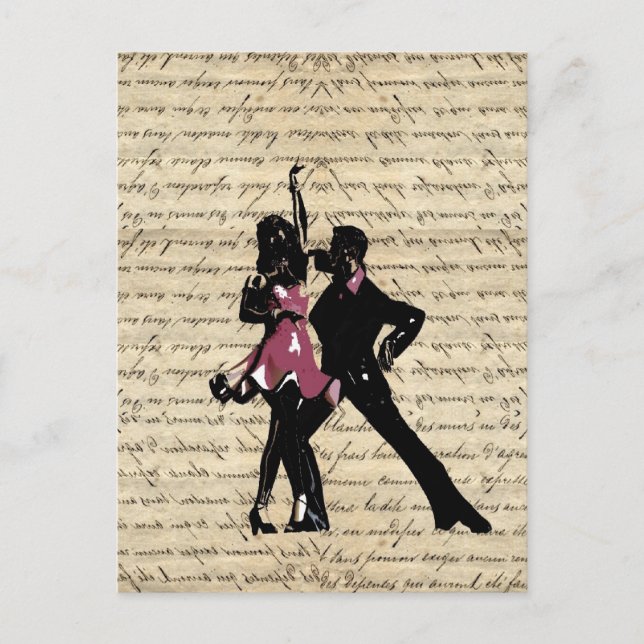 Ballroom dancers on vintage paper postcard (Front)