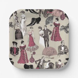 ballroom victorian era fashion toile beige paper plates
