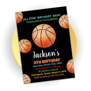 Balls Black Orange Basketball Birthday Invitations