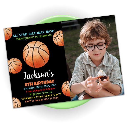 Balls Black Orange Basketball Birthday Photo Invitation