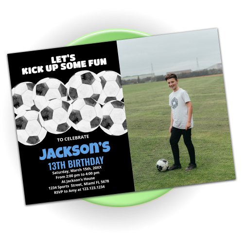 Balls Black Soccer Birthday Invitations with photo