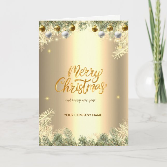 Balls,Branches,Gold Corporate Holiday Card (Front)