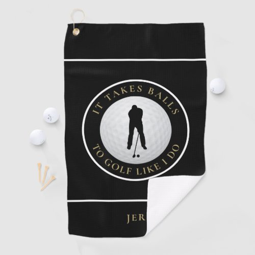 Balls Humor Golfer Sports Monogrammed Black Gold Golf Towel