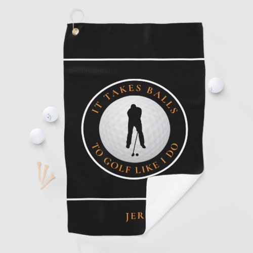 Balls Humor Golfer Sports Monogrammed Black Orange Golf Towel
