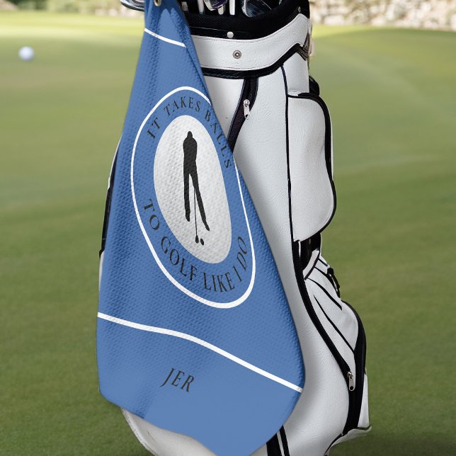 Balls Humor Golfer Sports Pun Monogram Blue Black Golf Towel (Creator Uploaded)