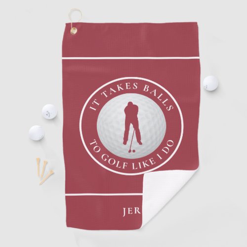 Balls Humor Golfer Sports Pun Monogram Crimson Red Golf Towel
