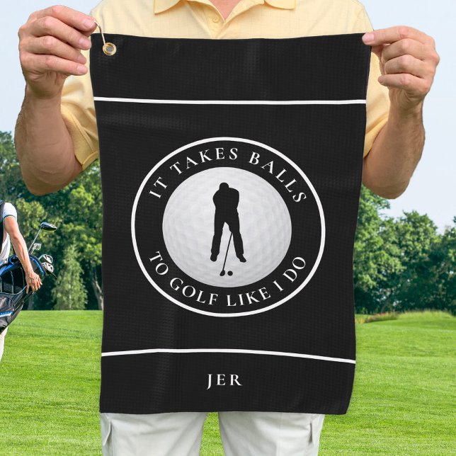 Balls Humor Golfer Sports Pun Monogrammed Black Golf Towel (Creator Uploaded)