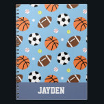 Balls Pattern Sports Journal<br><div class="desc">A sports themed pattern notebook with a selection of sports ball equipment like basketball,  American football,  soccer ball,  baseball,  tennis ball and a golf ball. Jot down your sports training and progress in this notebook! For boys who love sports! Personalise with child's name.</div>