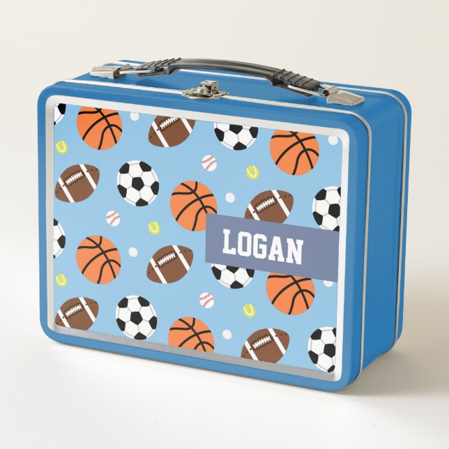 Balls Sports Themed Pattern Boys Personalized Metal Lunch Box (Front)
