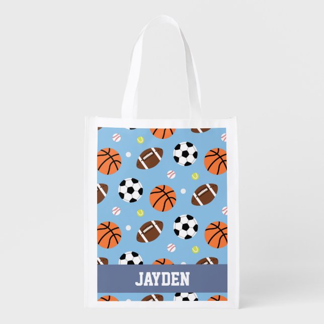 Balls Sports Themed Pattern For Boys Reusable Grocery Bag (Front)
