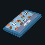 Balls Sports Themed Pattern For Boys Trifold Wallet<br><div class="desc">A sports themed pattern with a selection of sports ball equipment like basketball,  American football,  soccer ball,  baseball,  tennis ball and a golf ball. Background colour can be changed. Great for little ones,  especially boys who love sports! Personalise with child's name.</div>