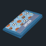 Balls Sports Themed Pattern For Boys Trifold Wallet<br><div class="desc">A sports themed pattern with a selection of sports ball equipment like basketball,  American football,  soccer ball,  baseball,  tennis ball and a golf ball. Background colour can be changed. Great for little ones,  especially boys who love sports! Personalise with child's name.</div>