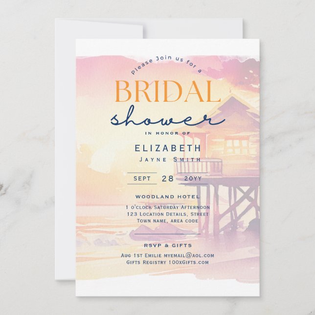 Balmy Days | Tropical Sunset Beach Bridal Shower Invitation (Front)